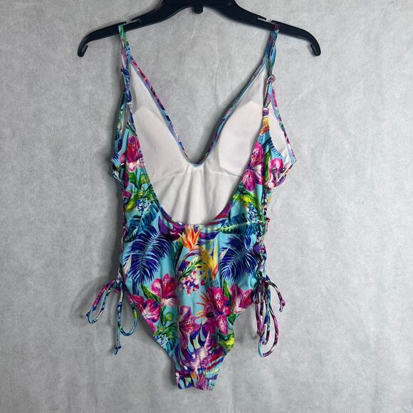 Stylish Swimwear Triangle Top Tie Side Tropical Pattern Deep V Swimsuit Sz LG - Picture 2 of 10